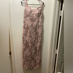 Aidan Mattox Champagne Pink Textured Floral Gown side slit US 8